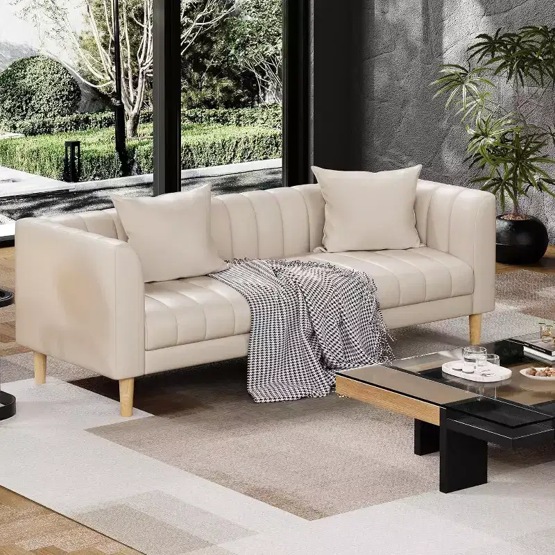 Modern 78 Faux Leather Sofa Couch, 3 Seater with Deep Seats, 2 Throw Pillows, Wood Legs, Easy Assembly, Brown