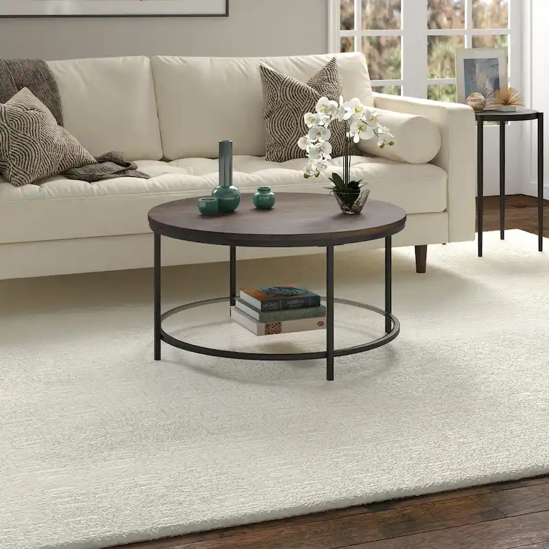 Sevilla 32 Wide Round Coffee Table with MDF Top and Glass Shelf - 32 Wide