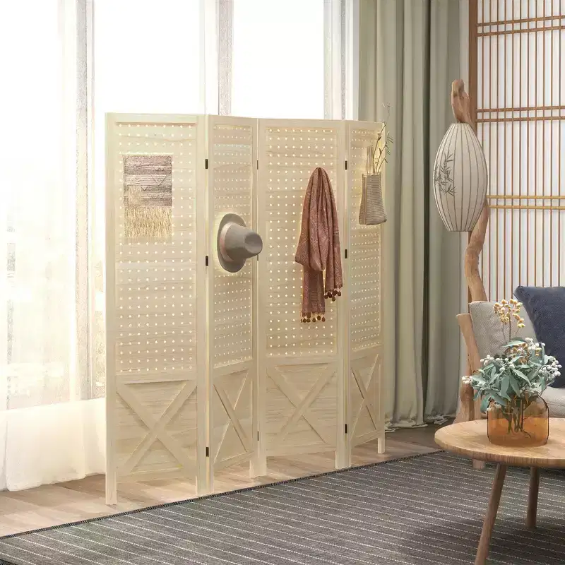 MAYEERTY 4 Panel Room Divider Wood Indoor Portable Folding Privacy Screen Partition Wall Divider for Home Office Natural