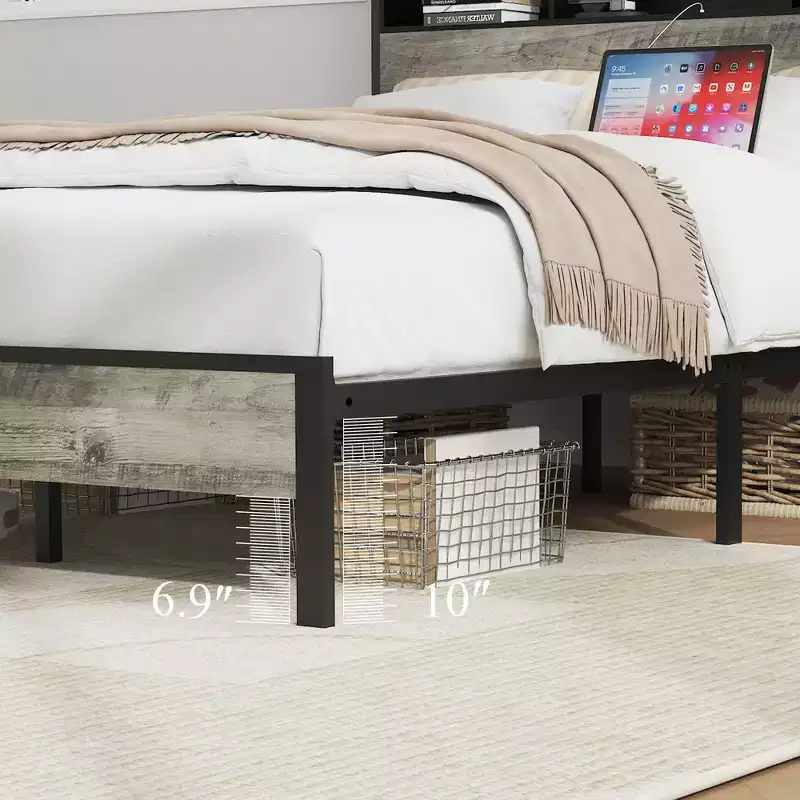 Twin/Full Size Platform Bed with Storage and Headboard, Wooden Platform Bed Frame with Charging Station,Antique Gray