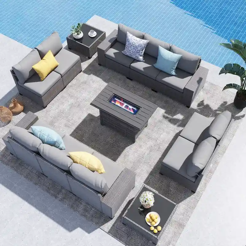 13-Piece 10 Person Patio Free Combination Wicker Conversation Set With Waterproof Cushions and Firepit Table