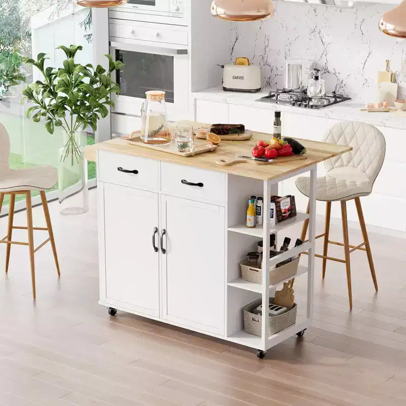 43 White Rolling Kitchen Island Cart C Fold-Down Drop-Leaf Table with Storage Drawer & Towel Rack, Mobile Breakfast Bar for Kitchen & Dining