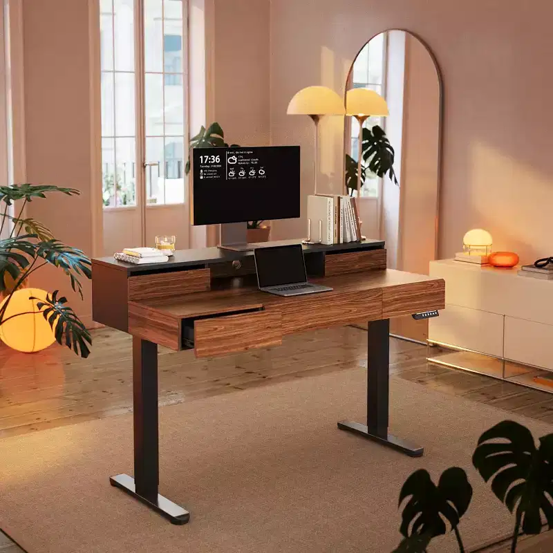 Standing Desk with Drawers, 48 Inches Electric Height Adjustable Desk with Storage, Whole Piece Board Sit Stand Up Desk with Monitor Shelf