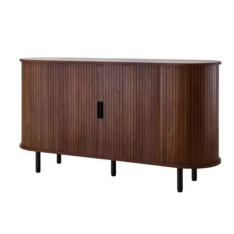 VEVOR Coffee Bar Cabinet, Mid Century Fluted Coffee Bar Table, Buffet Stand Cabinet with 2 Sliding Doors, Sideboard Buffet Station, Walnut