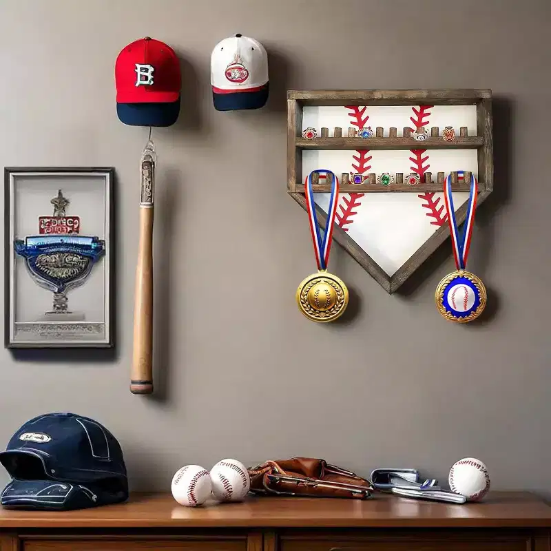 Baseball Ring Display Case, Wood Baseball Ring Holder Softball Championship Ring Holder Wall Mount Baseball Ring Stand Organizer for Medal Souvenir