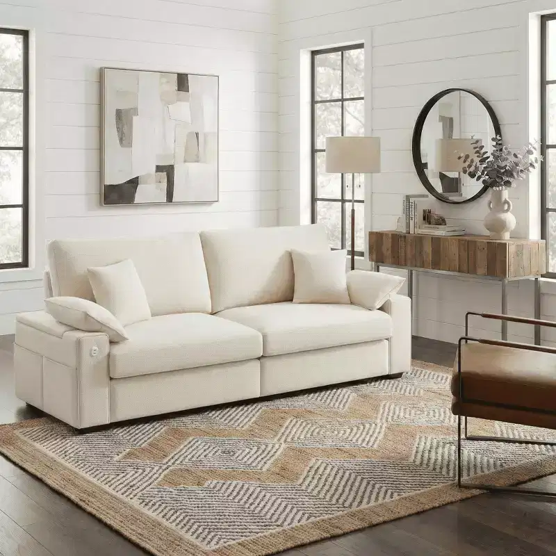 Modern Linen Sofa  Comfy Couch with USB & Type-C Ports and Hidden Armrest Storage