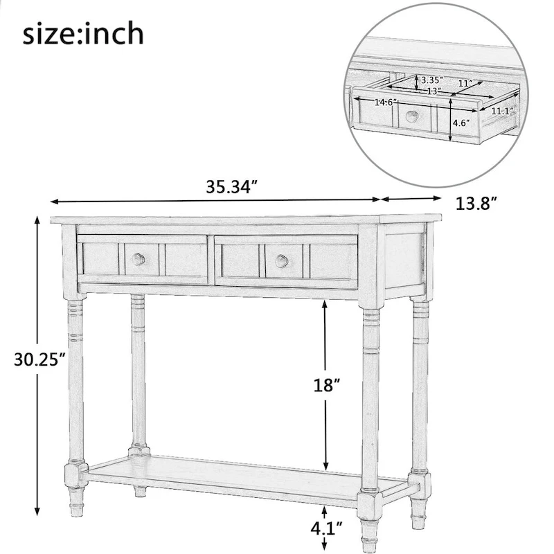 Console Table Traditional Design with Two Drawers and Bottom Shelf
