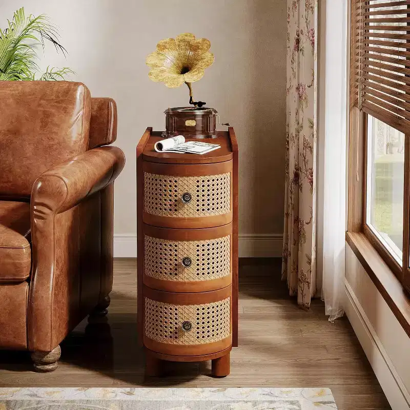 Solid Wood Nightstand with 3 Rattan Drawers, Farmhouse Side Table, Vintage Handles, No Assembly