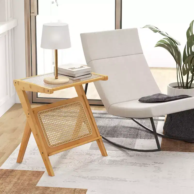 Costway Rattan Side Table Bamboo Accent Bedside Table with Tempered Glass Top Walnut/Natural
