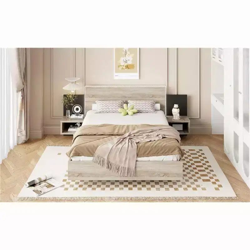 Okak Queen/King Floating Platform Bed Frame with Bedside Nightstand Bed with LED Strong Wood Slats No Springs Required Easy to Assemble