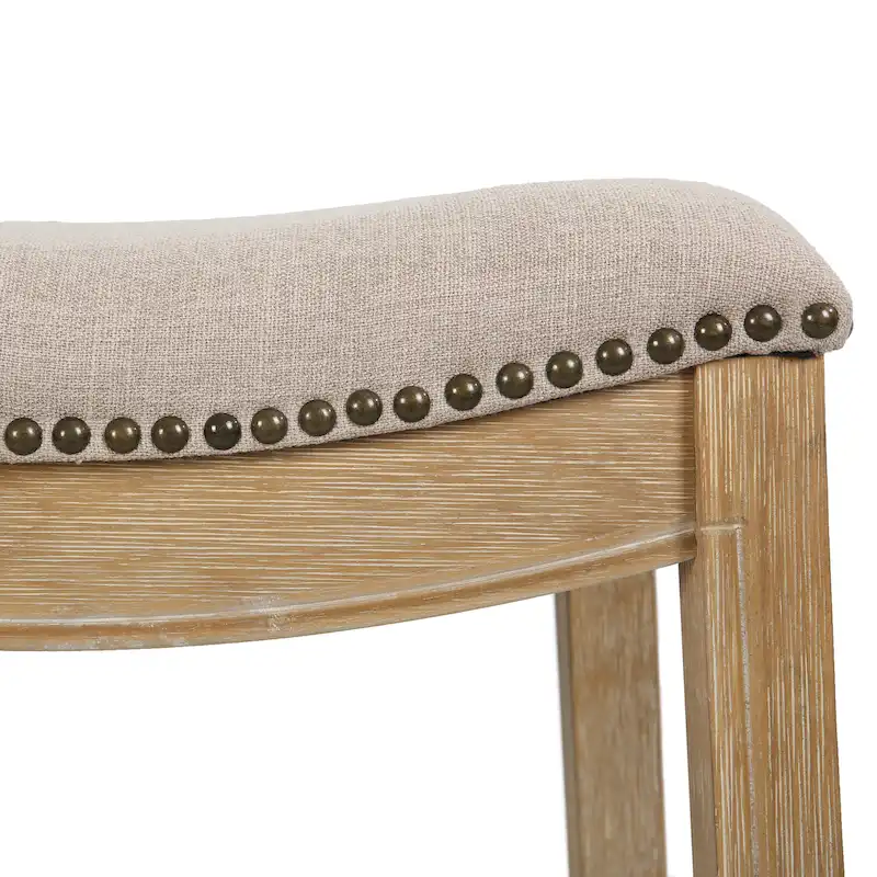 Saddle-Seat Wood Bar Stool with Upholstered Seat, Nailhead Trim