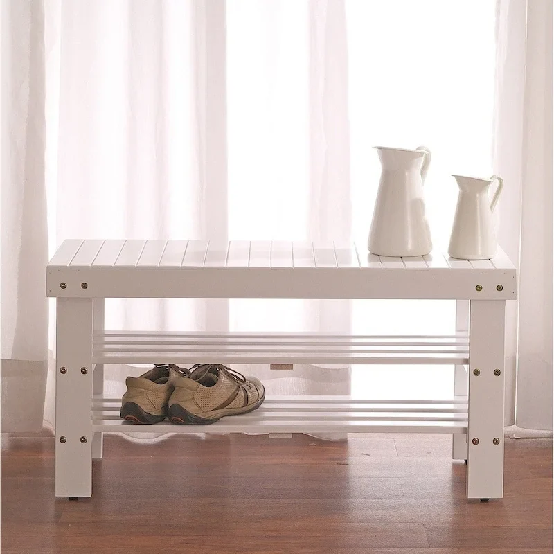 Solid Wood Farmhouse Shoe Bench – Cherry or White, 35