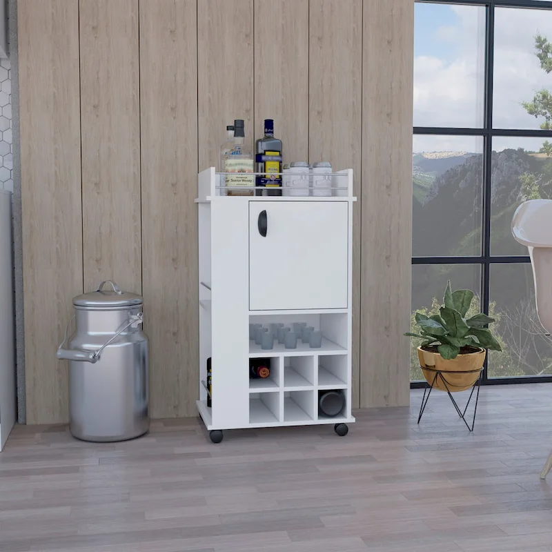 Bar Cart with Cabinet, 6 Built-in Wine Rack and Casters