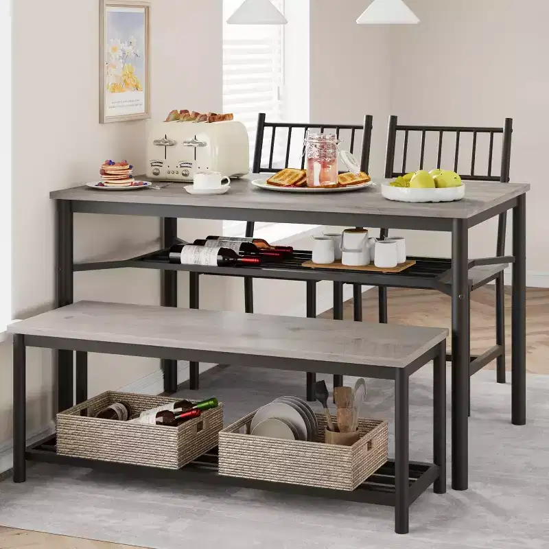 Dining Table for 4 with Bench and 2 Chairs, Rectangular Kitchen Table with Wine Rack and Storage Benches