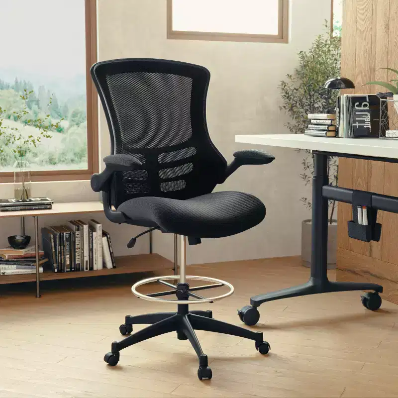 Mid-Back Black Mesh Ergonomic Draft Chair, Adjustable Ring & Flip-Up Arms