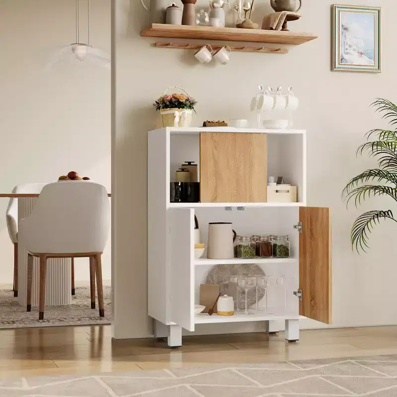 White Wooden Buffet Sideboard Cabinet with Sliding Barn Door & Adjustable Shelves for Kitchen, Entryway, Dining & Living Room