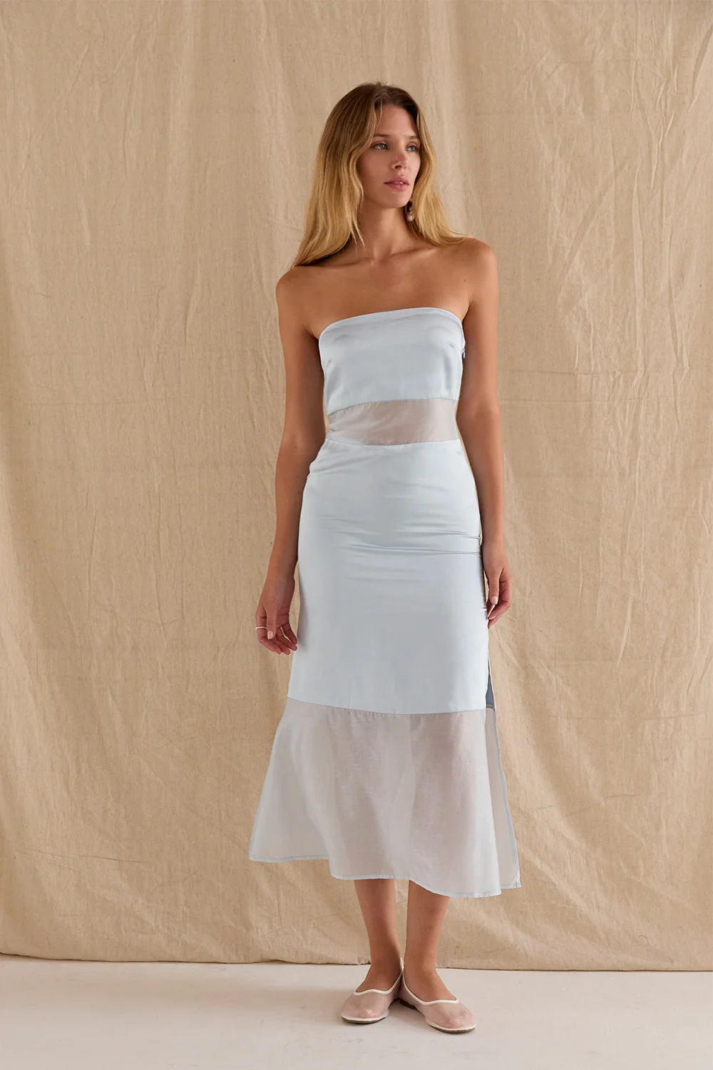 Satin Mixed Media Tube Midi Dress