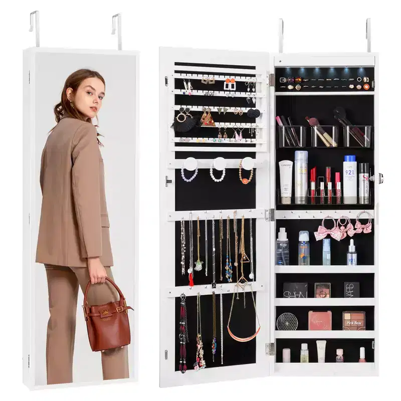 VEVOR Mirror Jewelry Cabinet, 42.52-Inch Tall Lockable Jewelry Cabinet Armoire with Full-Length Mirror, Wall or Door Mounted Jewelry Mirror, White