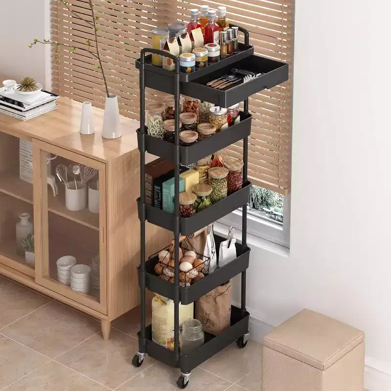 5-Tier Rolling Cart with Drawer, Space-Saving Mobile Organizer for Kitchen- 330lbs Capacity