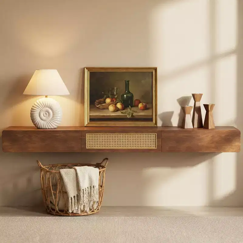 Luck Live Farmhouse 78.74 Inch Floating TV Stand Wall Mounted Media Console with Rattan Door and Drawer Walnut Color