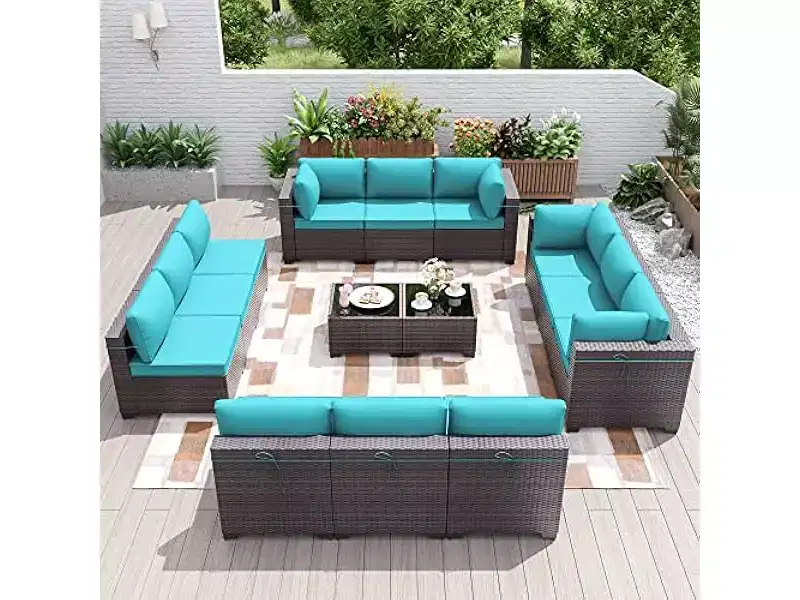 ALAULM 14 Pieces Patio Furniture Set, Rattan Wicker Outdoor Conversation Sets, Outdoor Furniture Sofa Set