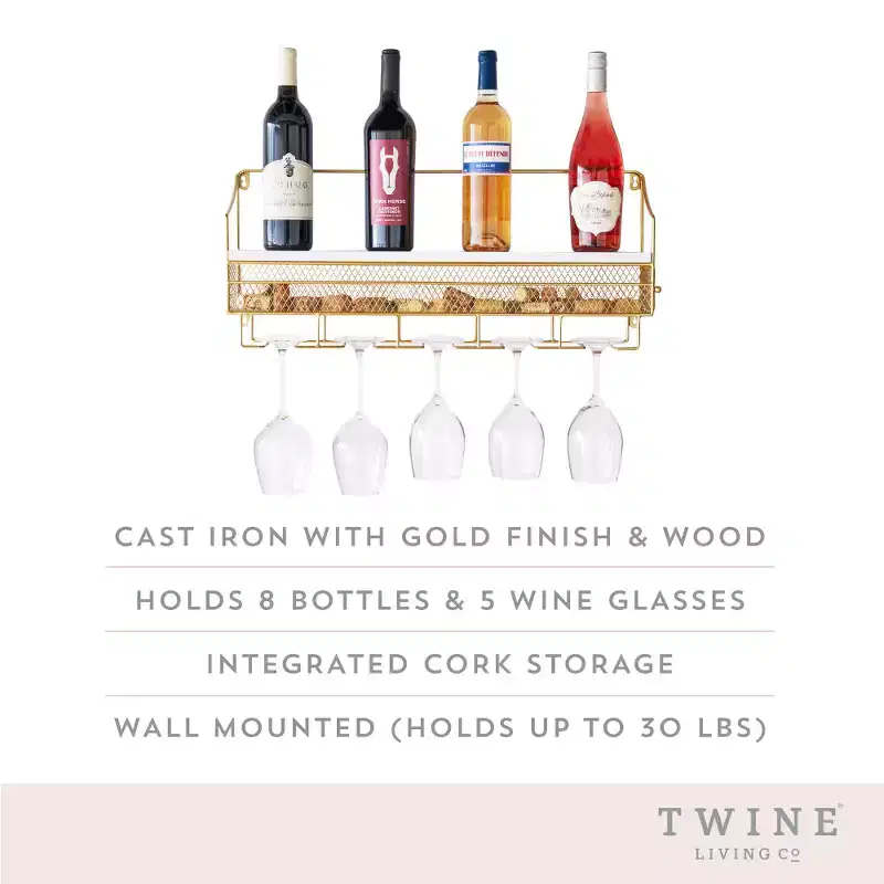 Twine Gold Wall Mounted Wine Rack, Integrated Cork Storage, Holds 8 Wine Bottles & 5 Wine Glasses, Wood and Cast Iron, Wedding Gifts, Home Bar Decor