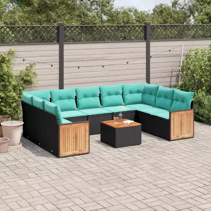 vidaXL 10 Piece Patio Sofa Set with Cushions Black Poly Rattan
