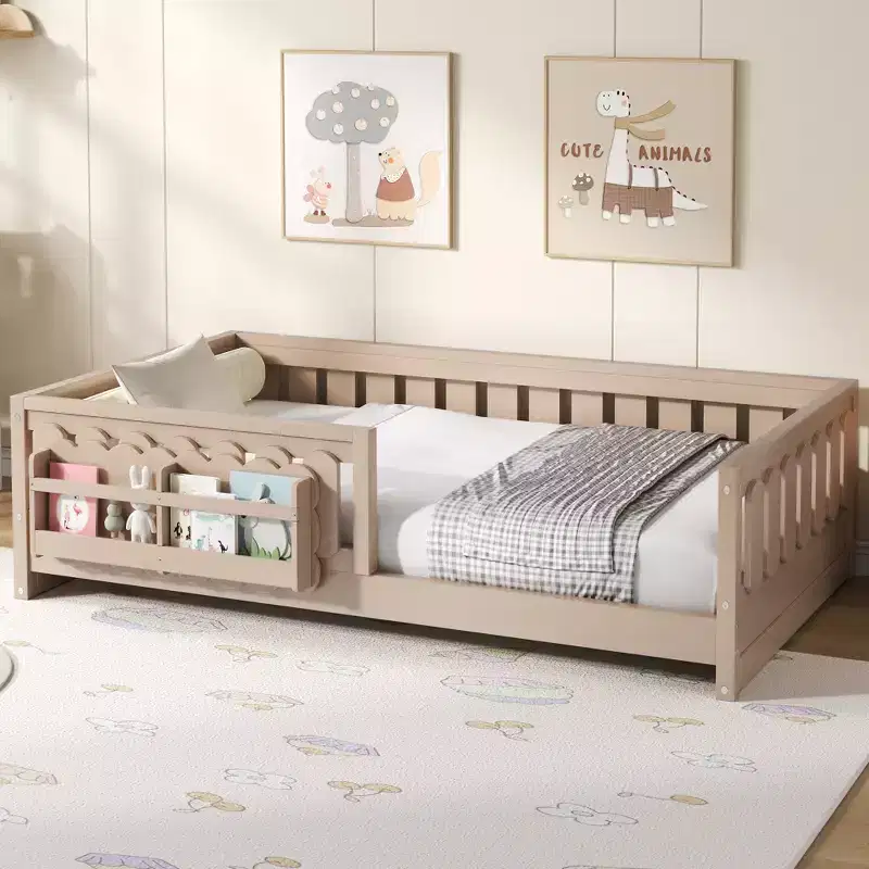 Twin and Full Size Kid Platform Bed Frame with Guardrail, Built-in Bookshelves and Storage Shelves