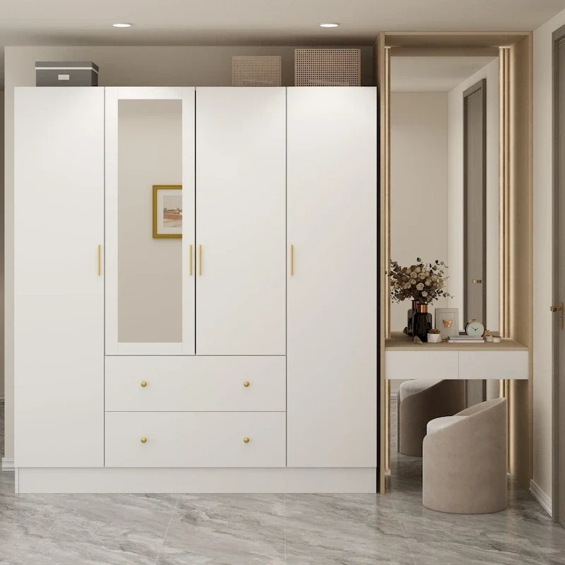White / Dark Brown Freestanding Wardrobe with Mirror, 4 Doors 2 Drawers, for 1 Person