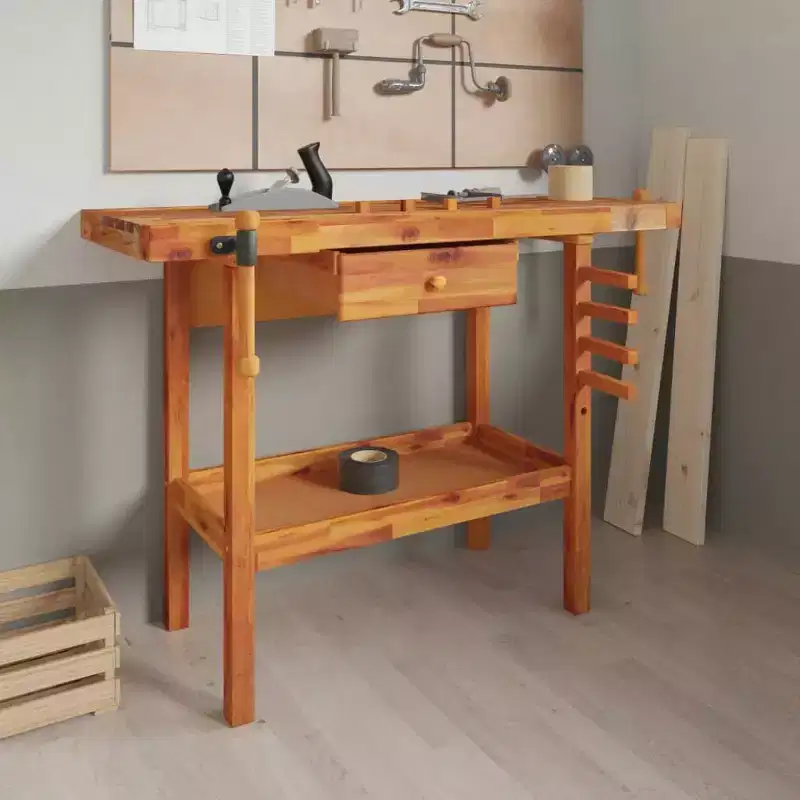 vidaXL Workbench with Drawer and Vices 48.8x20.5x32.7 Solid Wood Acacia