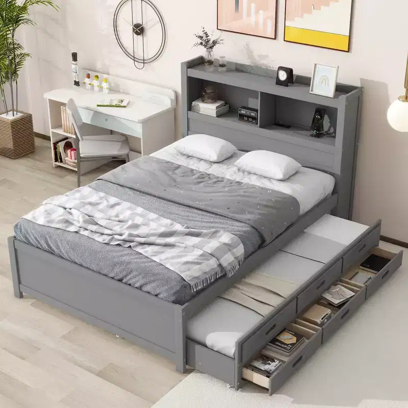 Whisen Full Size Wood Platform Bed with Trundle, Drawers and USB Plugs