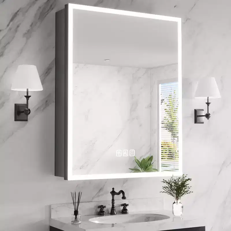 FAMYYT 24 in. W x 30 in. H Aluminum Medicine Cabinet with Mirror, Flowing Light, Dimmable, Anti-Fog