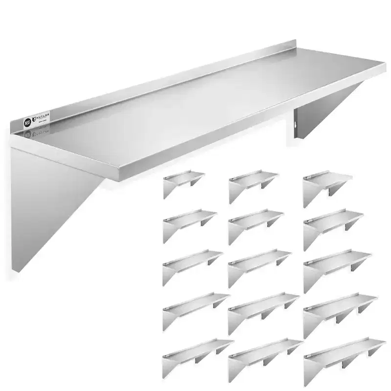 Stainless Steel Wall Mount Shelf with Backsplash, NSF Commercial Floating Shelving for Kitchen or Restaurant