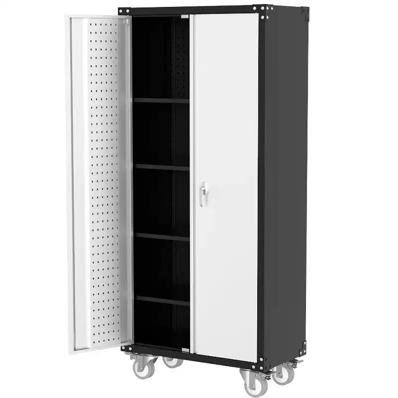 Steel Rolling Tool Cabinet with Lock | Heavy-Duty Garage Storage w/ 4 Adjustable Shelves & Pegboard