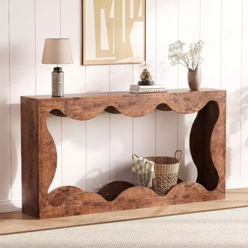 Acekool Farmhouse Console Table, Natural Slim Scalloped Sofa Table with Storage Shelf for Entryway or Living Room