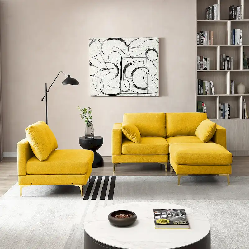 Christopher Knight Home - Beige L-Shape Sectional Sofa with Gold Metal Legs and Ottoman