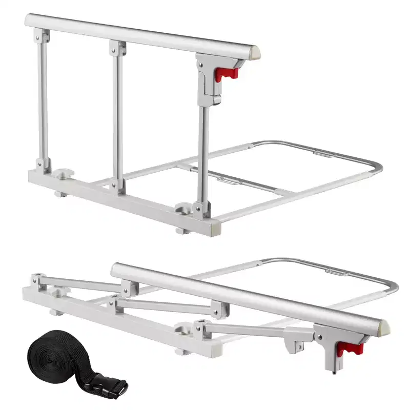 Foldable Bed Rail for Elderly, 28 in Bedside Assist Rail with Fixing Strap, Adjustable Height Pipe Bedside Cane, High-Strength Metal, White