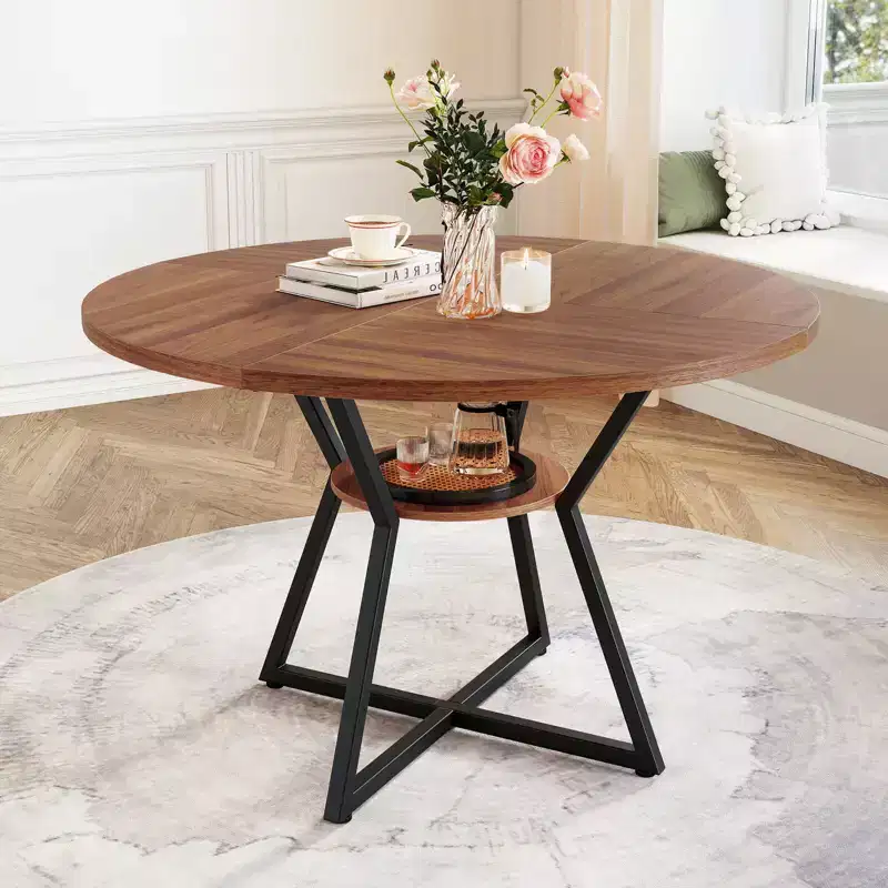 Costway 47 Round Dining Table for 4 with Storage Shelf, Wooden Tabletop, Metal Base