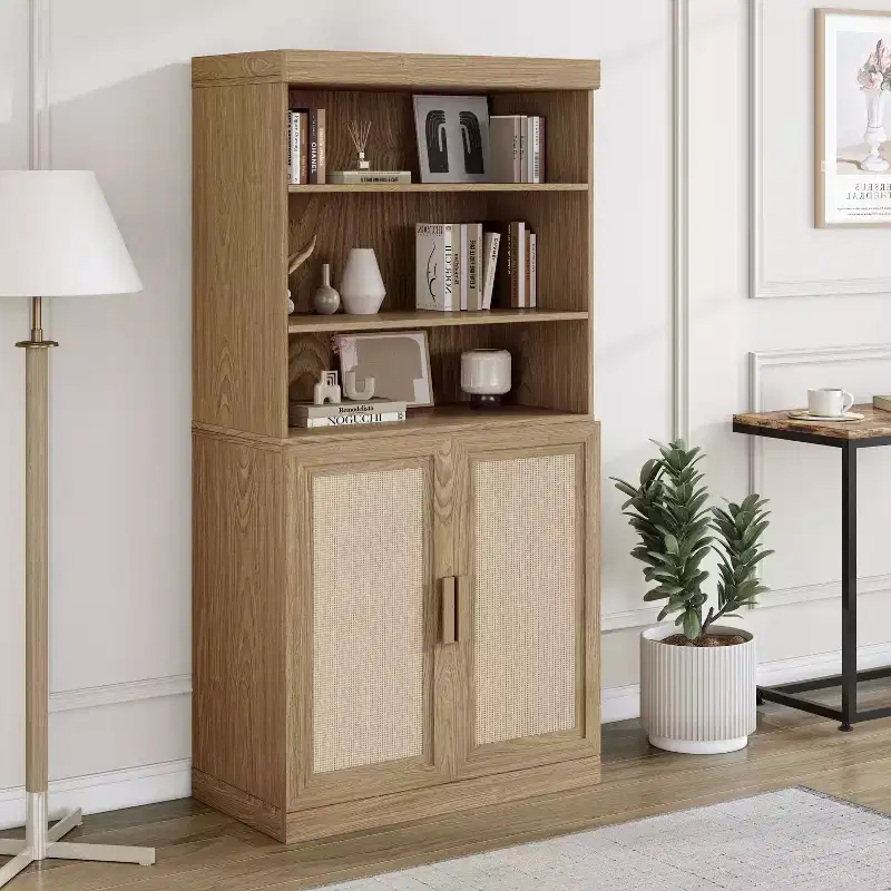 31x31x16 Rattan Wood Accent Cabinet with Adjustable Shelf Storage Cabinet Natural