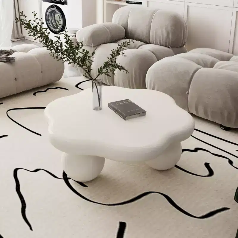 35-inch petal-shaped modern minimalist coffee table with spherical legs, space-saving living room table ideal for small apartments, cream white