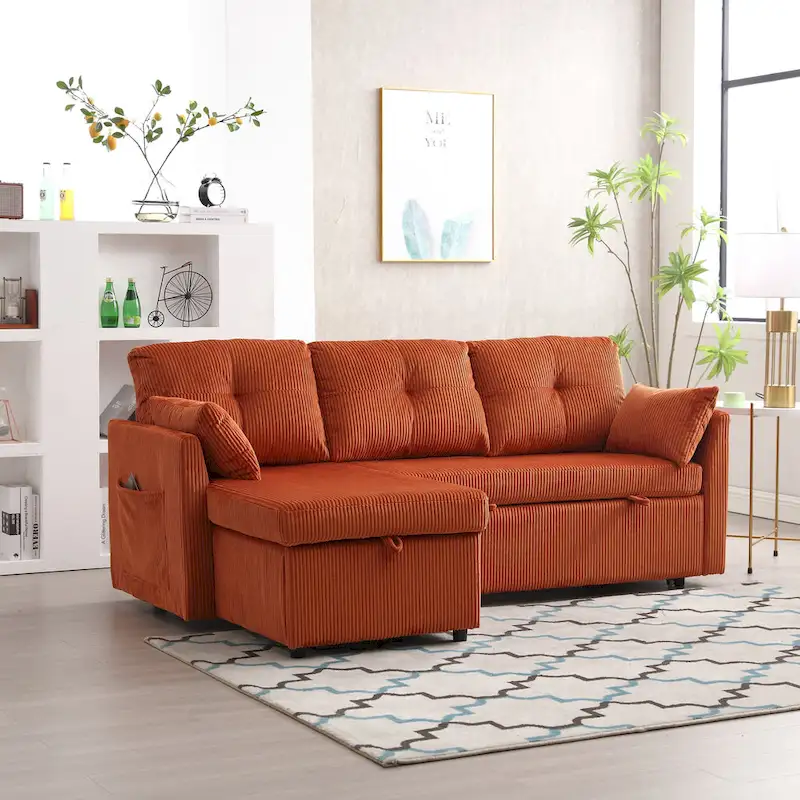 Orange 81.1 L-Shaped Fabric Sofa: Reversible Chaise, Storage, Solid Wood Frame, and Foam Seating