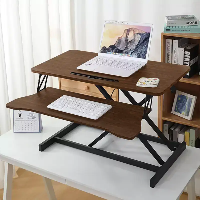 NAYSAYE Height Adjustable Desk End Table Converter Sit Stand Workstation for Home Office Dual Monitor Laptop, Brown and Black, 32*16.5*26