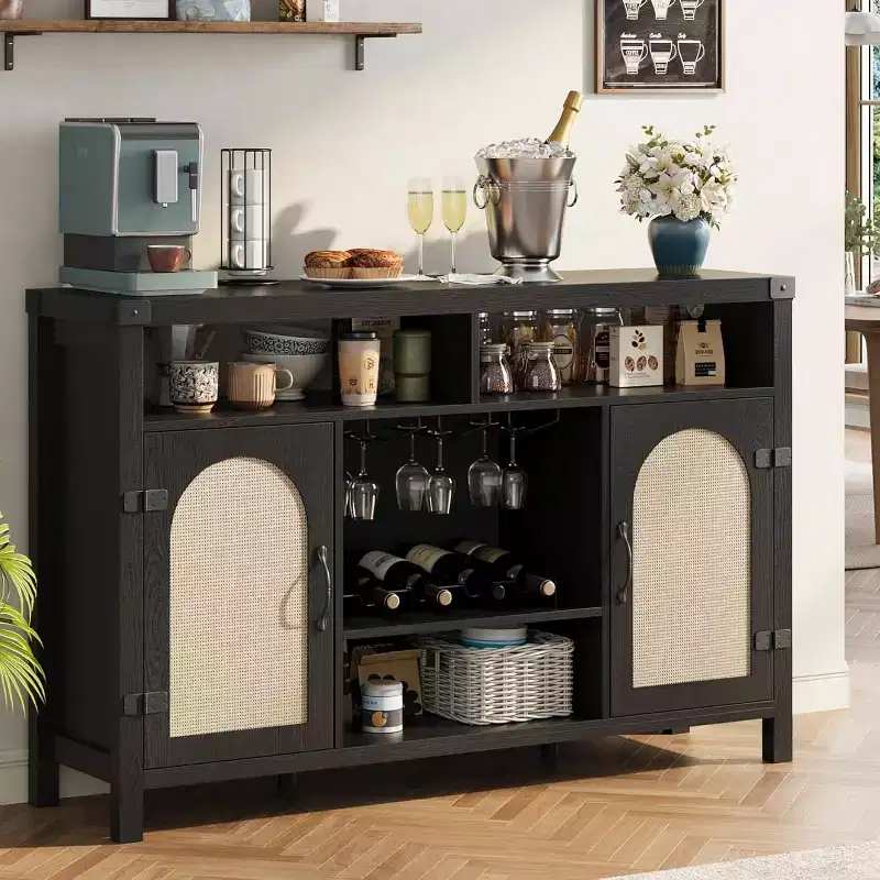 Black/Natural Farmhouse Sideboard Cabinet with Removable Wine Rack, 2-Color Options