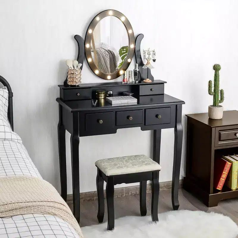 Costway Vanity Set Makeup Dressing Table w/5 Drawers 12 LED Bulb Black