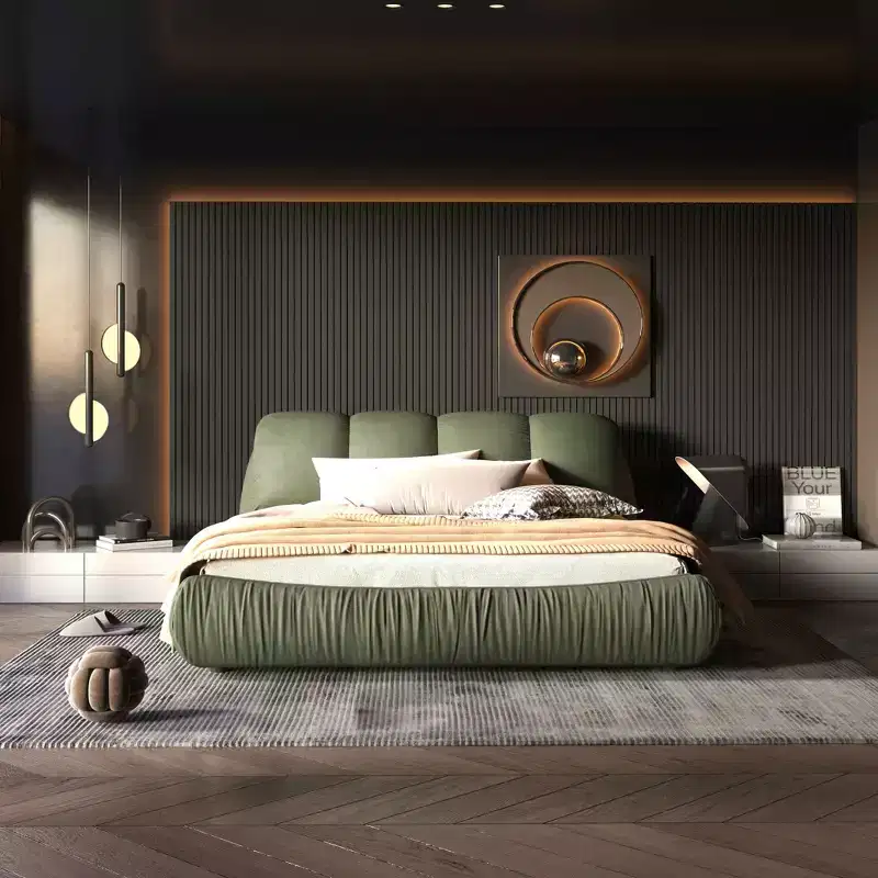 King Size Luxury Upholstered Platform Bed with Oversized Padded Backrset and Solid Wood Frame Green