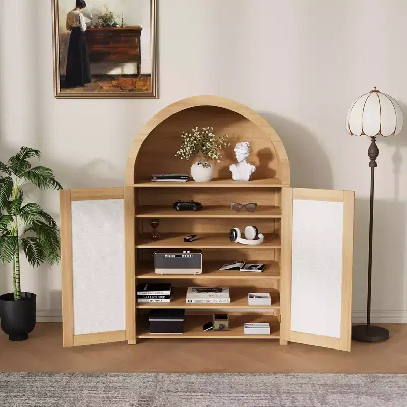 Arched Shoe Cabinet with Doors & Shelves, 5-Tier Rattan Shoes Rack Organizer Cabinet with Adjustable Shelves for Entryway, Closet, Living Room