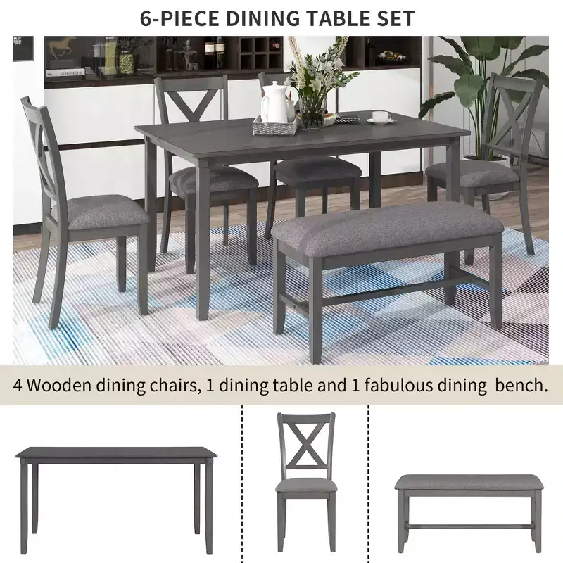 Whisen 6-Piece Wooden Rectangular Kitchen Dining Table Set with 4 Fabric Chairs and Bench