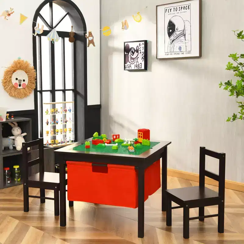 Costway 2-in-1 Kids Activity Table & 2 Chairs Set w/Storage Building Block Table