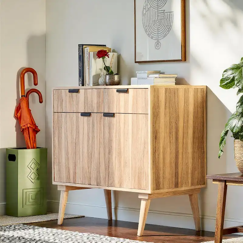 Mid-Century Modern Handcrafted Mango Wood 2 Drawer Cabinet with 2 Doors