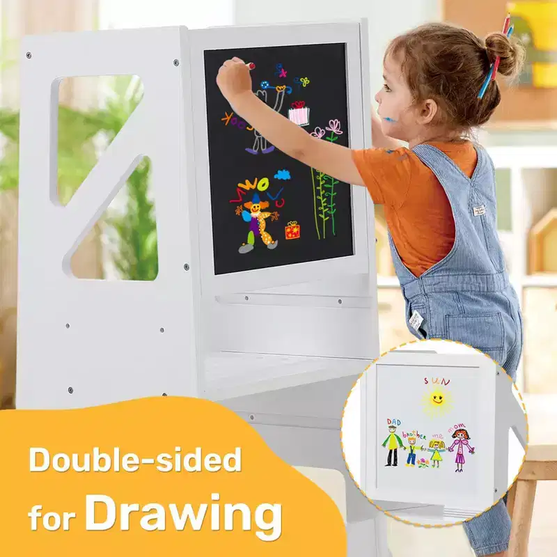 Wooden Toddler Step Stool,White Toddler Tower with Chalkboard & Whiteboard